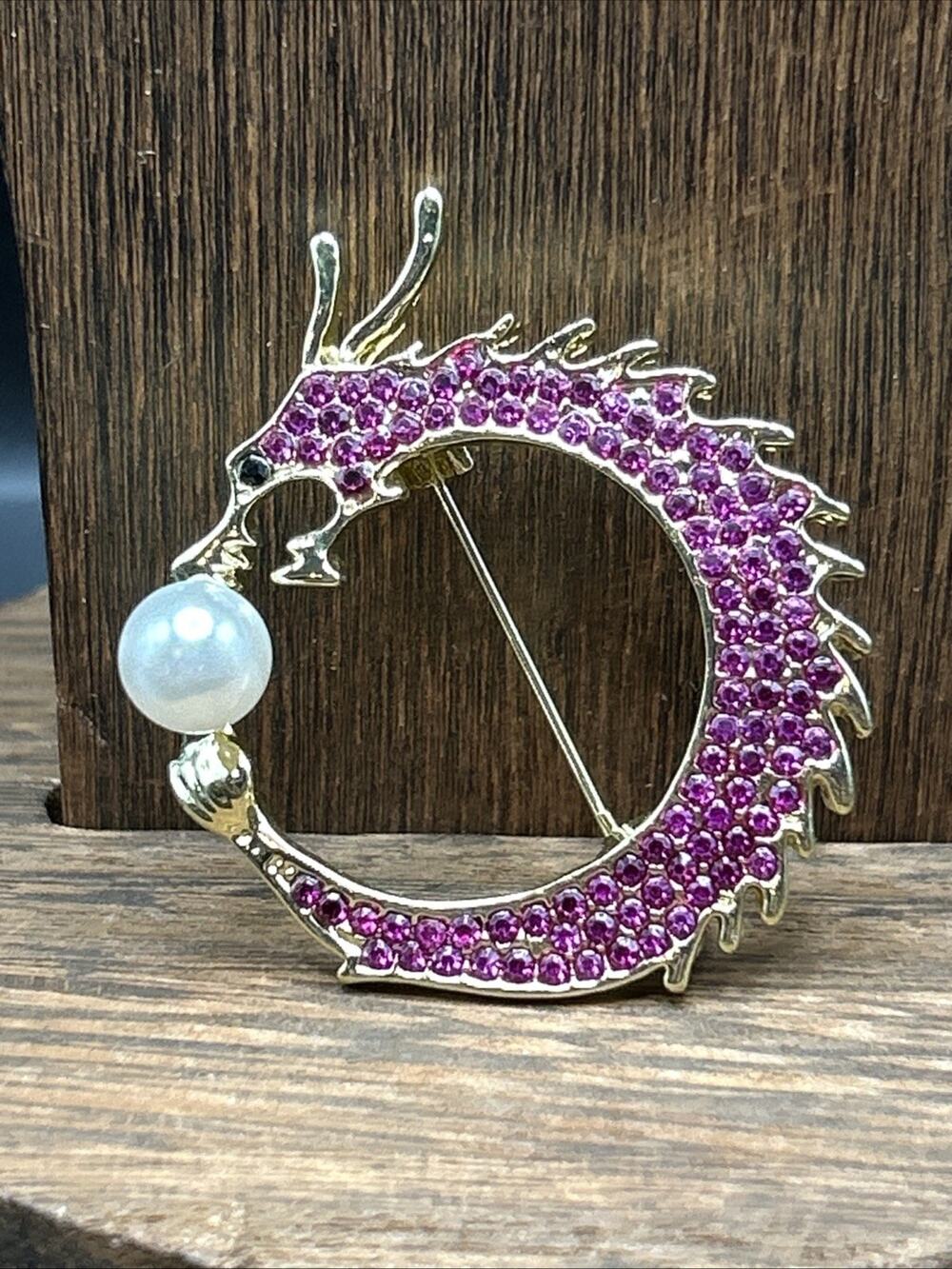 Modern Pink Circle Dragon Pin Brooch Gold tone 1 3/4” Long